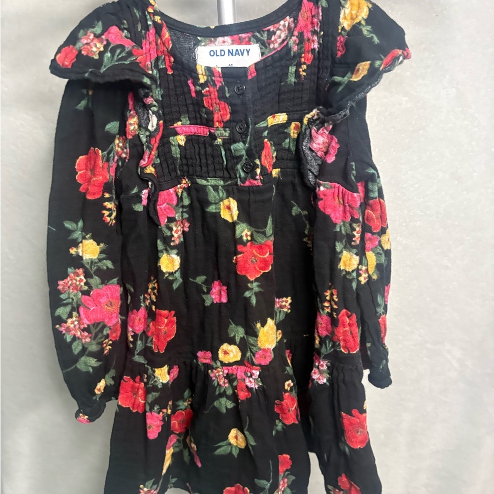 Old Navy Black Floral Long Sleeve Girls Dress with Pink & Yellow Flowers